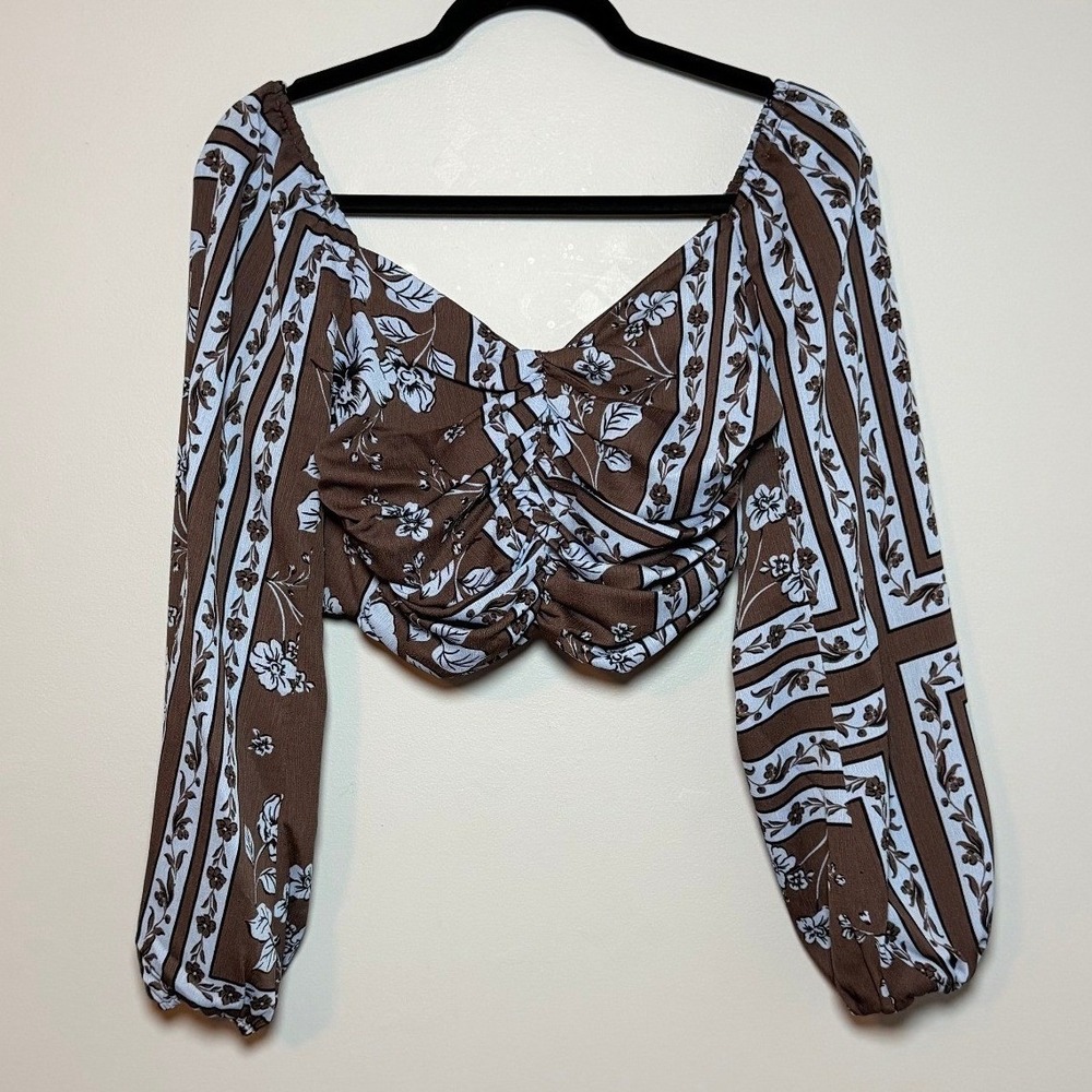 GB Junior's Brown Blue Floral Ruched Smocked Long Sleeve Crop Top S NWT